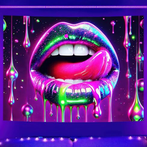 BlissYard Black Light Tapestry Lip Tapestry Glowing 78x59 Inch Home Living Room Bedroom Party Decor Photo Shoot Props Bedroom Neon Wallpaper Poster for University Dormitory in Saudi Arabia
