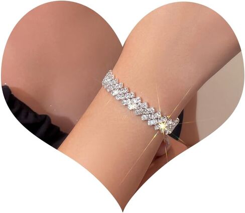 Silver Rhinestone Bracelet for Women Layered Sparkly Rhinestone Open Cuff Bracelet Adjustable Multi Row Glitter Bangle Bride Wedding Party Prom Jewelry Accessories for Her in Saudi Arabia
