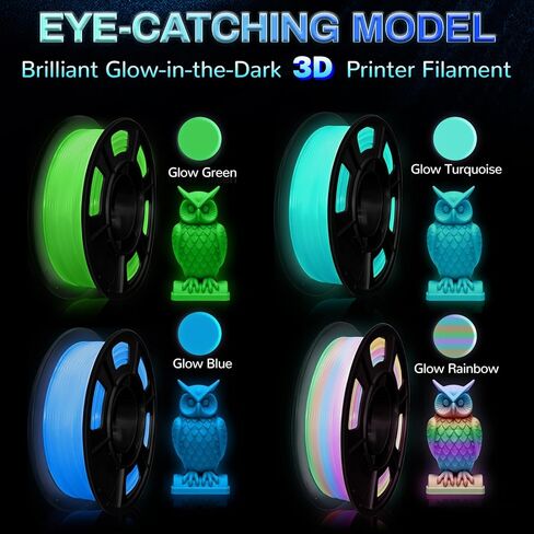 PLA 3D Printer Filament, Glow in The Dark Filament Multicolor for Most FDM 3D Printer, Stronger Lighting Effect, PLA Filament 1.75 mm, 4 Spools 250g Each - Green, Blue, Blue-Green, Rainbow in Saudi Arabia