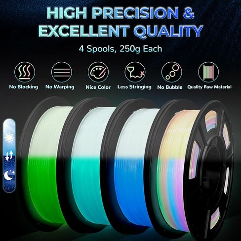 PLA 3D Printer Filament, Glow in The Dark Filament Multicolor for Most FDM 3D Printer, Stronger Lighting Effect, PLA Filament 1.75 mm, 4 Spools 250g Each - Green, Blue, Blue-Green, Rainbow in Saudi Arabia