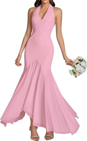 HTZMO Women Fall Formal Sexy V Neck Halter Tie Maxi Dress Bodycon Flowy Wedding Guest Cocktail Elegant Long Dresses in Saudi Arabia