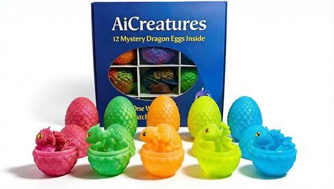 12 Pack Glow in The Dark Dragon Eggs with Tray – 3D Printed Articulated Dragons, Flexible Fidget Toy Set with Textured Skin and Marble Eyes – Surprise Party Favor Gift for Kids and Collectors in Saudi Arabia