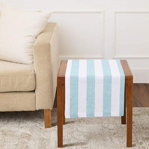 Solino Home Linen Table Runner 36 Inches - Cabana Stripe 100% Pure Linen Sky Blue and White Table Runner 14 x 36 Inch Ideal for Dresser and Coffee Tables - Summer in Kuwait