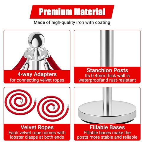 حواجز التحكم في الحشود، عداء السجاد الأحمر للحفلات مع حبل أحمر بطول 5 أقدام، حبال وأعمدة السجاد الأحمر من الفولاذ المقاوم للصدأ، 8 قطع من الدعامات والحبال المخملية للمسارح والفنادق والنوادي وحفلات الزفاف in Kuwait