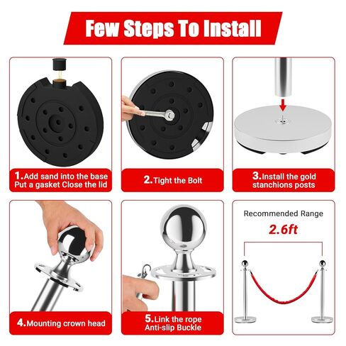 حواجز التحكم في الحشود، عداء السجاد الأحمر للحفلات مع حبل أحمر بطول 5 أقدام، حبال وأعمدة السجاد الأحمر من الفولاذ المقاوم للصدأ، 8 قطع من الدعامات والحبال المخملية للمسارح والفنادق والنوادي وحفلات الزفاف in Kuwait