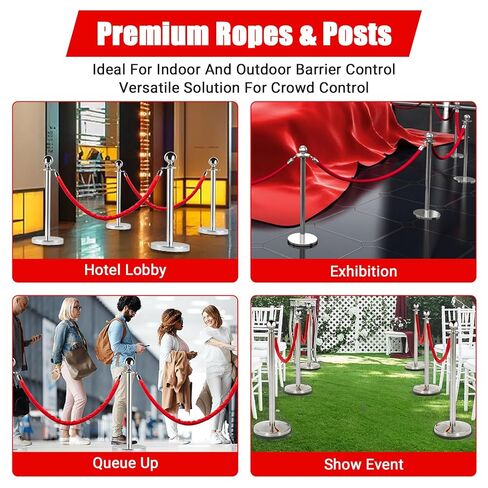 حواجز التحكم في الحشود، عداء السجاد الأحمر للحفلات مع حبل أحمر بطول 5 أقدام، حبال وأعمدة السجاد الأحمر من الفولاذ المقاوم للصدأ، 8 قطع من الدعامات والحبال المخملية للمسارح والفنادق والنوادي وحفلات الزفاف in Kuwait