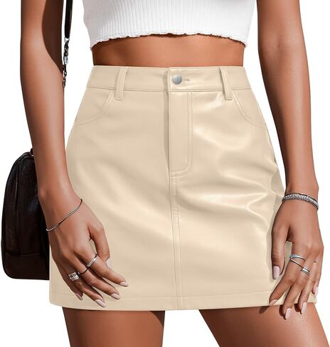 Women's Faux Leather Mini Skirt with Pockets, High Waisted Bodycon Stretch Zipper Button Fitted A-Line Party Skirt in Saudi Arabia