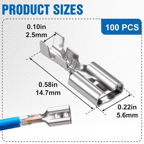 100 قطعة من موصلات الأسلاك ذات درجة الحرارة العالية، موصلات غير معزولة 1/4 بوصة، 18 AWG أنثى تبويب فصل سريع لتجعيد الأسلاك الكهربائية القوية - فضي in Kuwait