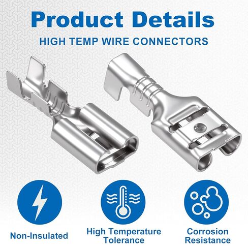 100 قطعة من موصلات الأسلاك ذات درجة الحرارة العالية، موصلات غير معزولة 1/4 بوصة، 18 AWG أنثى تبويب فصل سريع لتجعيد الأسلاك الكهربائية القوية - فضي in Kuwait