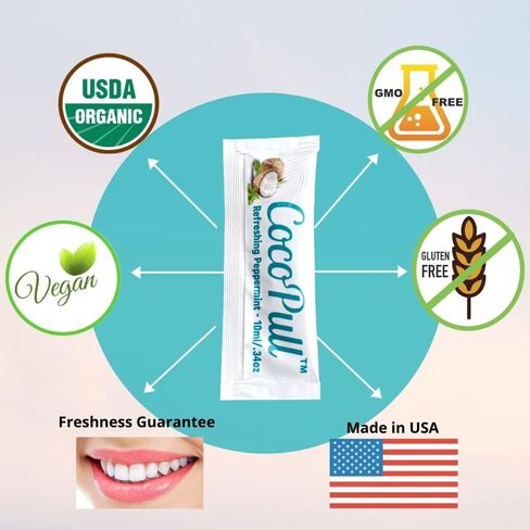 غسول الفم بالزيت العضوي من CocoPull USDA مع زيت النعناع - سحب زيت جوز الهند العضوي لنظافة الفم الكاملة، نفس منعش، أسنان نظيفة، لثة صحية - تبييض الأسنان الطبيعي، غير معدل وراثيًا in Saudi Arabia