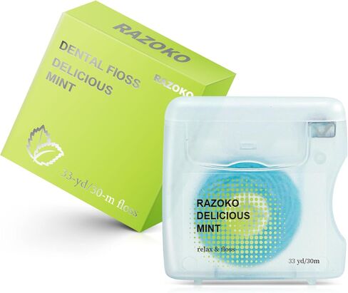 خيط تنظيف الأسنان المنسوج بزيت جوز الهند من RAZOKO، نباتي ولم يتم الإساءة إلى الحيوانات لتصنيعه، رائحة النعناع، ​​كمية تكفي 4 أشهر (33 ياردة × وحدتين) in Kuwait