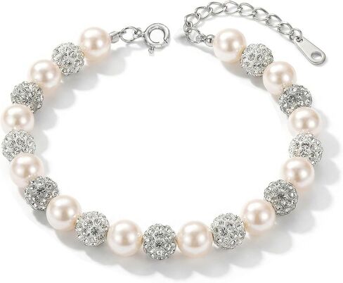 6MM Pearl Crystal Bracelets for Women,925 Sterling Silver Chain Link Dainty Simulated Pearl Rhinestone Beads Bracelet Trendy Jewelry to Mother Daughter Valentines Birthday Gifts in Saudi Arabia