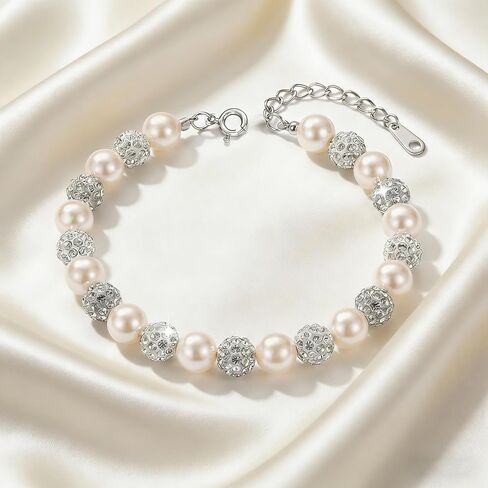6MM Pearl Crystal Bracelets for Women,925 Sterling Silver Chain Link Dainty Simulated Pearl Rhinestone Beads Bracelet Trendy Jewelry to Mother Daughter Valentines Birthday Gifts in Saudi Arabia