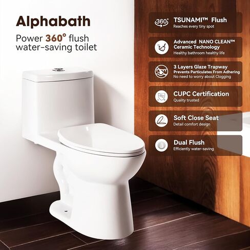 17" Comfort Height Toilet with Soft close seat, One piece Toilets for Bathrooms Elongated, Dual Flush 0.8/1.28 GPF, Nano Self-Cleaning Glaze, Easy to Clean&Install, ADA Height, 12" Rough-In in Saudi Arabia