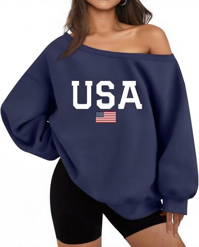 سويت شيرت Lacozy USA للنساء كبير الحجم من الصوف بدون أكتاف ناعم وأكمام طويلة بقلنسوة ملابس الرابع من يوليو in Kuwait