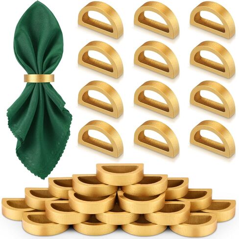 LemonRoad 24 Set Gold Napkin Rings Boho Wedding Wooden Napkin Holders Handmade Dining Buckles Farmhouse Semicircle Serviette Ring Bulk for Table Decoration Banquet Anniversary Party Decor in Saudi Arabia