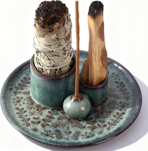 5 in 1 Incense Holder Burner, 5.9" Ceramic Holder for Burning Palo Santo Sage Candle and Incense Sticks Cones, Ash Catcher Tray for Meditation Room Home Décor(Blue) in Saudi Arabia
