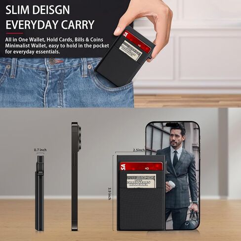 Wallet for Men Slim Card Holder, Minimalist RFID Blocking Wallet with Smart Pop-Up, Ultra-Thin Compact Front Pocket Metal Business Card Case with Money Pocket for Bills & Coins, Gifts for Men, Black in Saudi Arabia