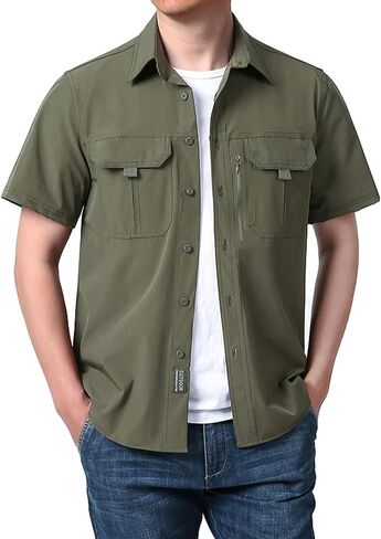 Men Sun Protection Fishing T Shirt Button Down Short Sleeve with Zipper Pockets for Casual Work Travel Camping Hiking in Saudi Arabia