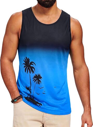 Runcati Mens Casual Graphic Tank Tops Gradient Sleeveless Palm Tree Shirts Muscle Workout Summer Beach Hawaiian Tops in Saudi Arabia