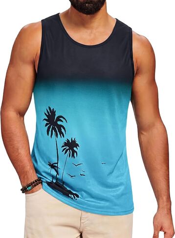 Runcati Mens Casual Graphic Tank Tops Gradient Sleeveless Palm Tree Shirts Muscle Workout Summer Beach Hawaiian Tops in Kuwait
