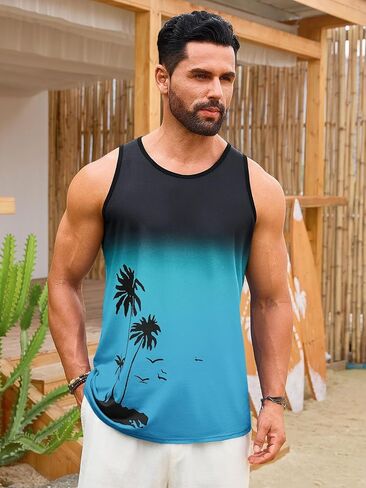 Runcati Mens Casual Graphic Tank Tops Gradient Sleeveless Palm Tree Shirts Muscle Workout Summer Beach Hawaiian Tops in Kuwait