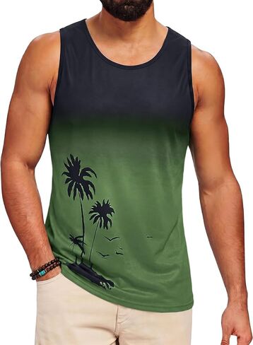 Runcati Mens Casual Graphic Tank Tops Gradient Sleeveless Palm Tree Shirts Muscle Workout Summer Beach Hawaiian Tops in Kuwait