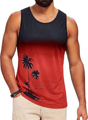 Runcati Mens Casual Graphic Tank Tops Gradient Sleeveless Palm Tree Shirts Muscle Workout Summer Beach Hawaiian Tops in Kuwait