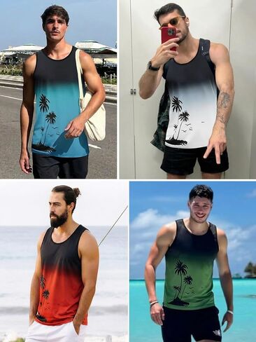 Runcati Mens Casual Graphic Tank Tops Gradient Sleeveless Palm Tree Shirts Muscle Workout Summer Beach Hawaiian Tops in Kuwait