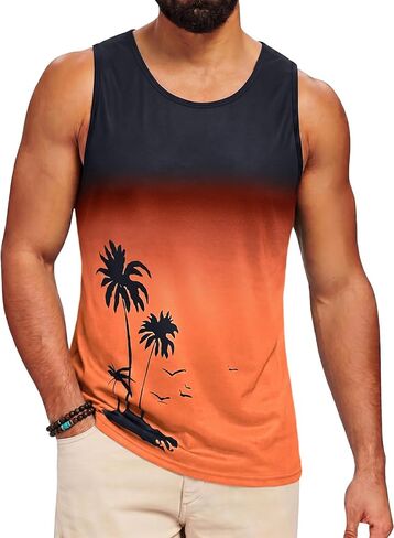 Runcati Mens Casual Graphic Tank Tops Gradient Sleeveless Palm Tree Shirts Muscle Workout Summer Beach Hawaiian Tops in Kuwait