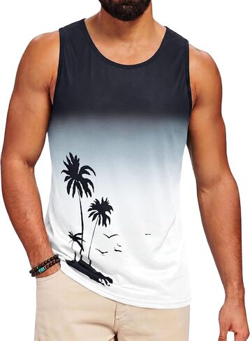 Runcati Mens Casual Graphic Tank Tops Gradient Sleeveless Palm Tree Shirts Muscle Workout Summer Beach Hawaiian Tops in Kuwait