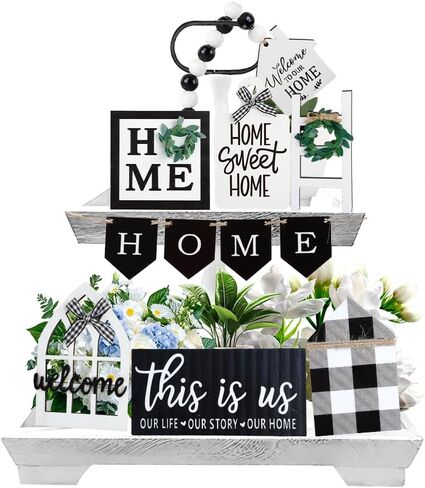 مجموعة ديكور صينية متدرجة لبيت المزرعة، ديكورات حامل صينية علامات خشبية بطبقتين، ديكور رف سطح الطاولة الريفي الحلو للمطبخ لتدفئة المنزل (12، روسيتك) in Kuwait