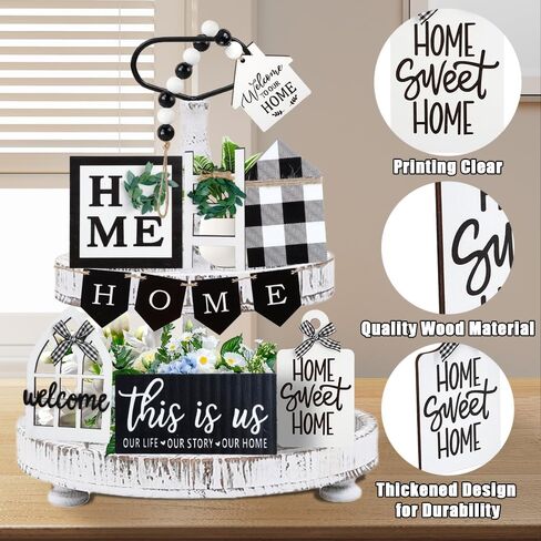 مجموعة ديكور صينية متدرجة لبيت المزرعة، ديكورات حامل صينية علامات خشبية بطبقتين، ديكور رف سطح الطاولة الريفي الحلو للمطبخ لتدفئة المنزل (12، روسيتك) in Kuwait