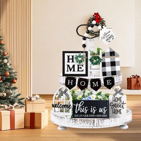 مجموعة ديكور صينية متدرجة لبيت المزرعة، ديكورات حامل صينية علامات خشبية بطبقتين، ديكور رف سطح الطاولة الريفي الحلو للمطبخ لتدفئة المنزل (12، روسيتك) in Kuwait