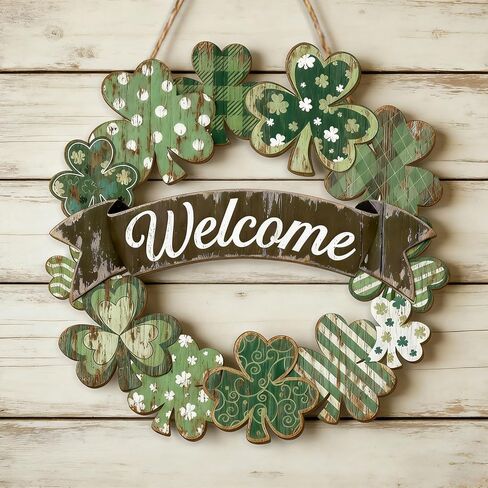 St Patrick's Day Welcome Sign Welcome Door Signs for Front Door Outside Shamrock Wreath Hanging Decoration for Holiday Home Wall Farmhouse St Patrick's Day Decor Irish Gift for Women Wooden Wreath in Saudi Arabia