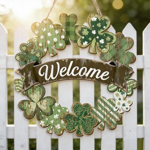 St Patrick's Day Welcome Sign Welcome Door Signs for Front Door Outside Shamrock Wreath Hanging Decoration for Holiday Home Wall Farmhouse St Patrick's Day Decor Irish Gift for Women Wooden Wreath in Saudi Arabia
