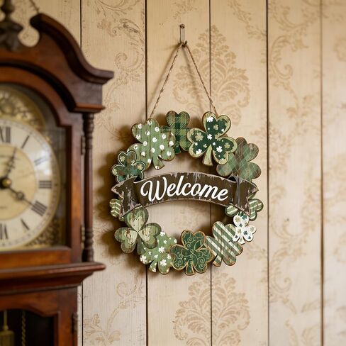 St Patrick's Day Welcome Sign Welcome Door Signs for Front Door Outside Shamrock Wreath Hanging Decoration for Holiday Home Wall Farmhouse St Patrick's Day Decor Irish Gift for Women Wooden Wreath in Saudi Arabia