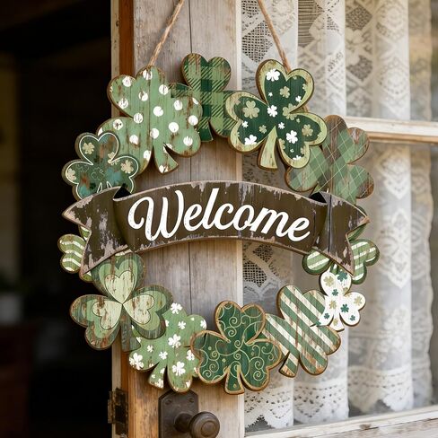 St Patrick's Day Welcome Sign Welcome Door Signs for Front Door Outside Shamrock Wreath Hanging Decoration for Holiday Home Wall Farmhouse St Patrick's Day Decor Irish Gift for Women Wooden Wreath in Saudi Arabia
