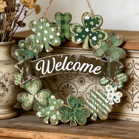 St Patrick's Day Welcome Sign Welcome Door Signs for Front Door Outside Shamrock Wreath Hanging Decoration for Holiday Home Wall Farmhouse St Patrick's Day Decor Irish Gift for Women Wooden Wreath in Saudi Arabia