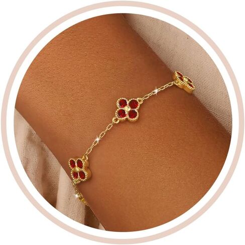 Honsny Gold Birthstone Clover Bracelets for Women Trendy Non Tarnish 14K Gold Plated Flower Dainty Diamond Charm Stackable Bracelets for Women Waterproof Jewelry for Women Best Friend Christmas Gifts in Saudi Arabia