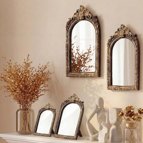 Thyle 4 Pcs Vintage Gold Antique Mirror Set Arch Retro Resin Baroque Decorative Makeup Mirror Square Hanging Wall Desk Tabletop Room Bedroom Bathroom Gallery (13x9 10x7 8x5 7x4)(Light Color) in Saudi Arabia