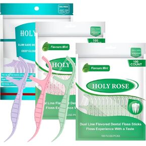 مجموعة من 300 قطعة من خيط تنظيف الأسنان من هولي روز، أعواد تنظيف الأسنان ذات الخط المزدوج، خيط تنظيف الأسنان بالنعناع، ​​كيس واحد 100 قطعة، مجموعة من 3 ألوان أكثر ملاءمة لتنظيف الأسنان in Kuwait