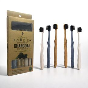 مجموعة فرشاة أسنان بورسونيك ذات رأس واسع مع مقبض خشبي من خشب الأرز وشعيرات فحمية ناعمة - فرش طبيعية للعناية بالفم مناسبة للسفر مع تصميم قبضة مريح لجميع الفئات العمرية - عبوة من 6 قطع in Kuwait