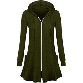 سترة نسائية طويلة بغطاء للرأس بسحاب، سترة خفيفة الوزن، سترة صوفية مفتوحة من الأمام، معطف خريفي مع جيوب، ملابس خارجية in Kuwait