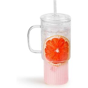 32oz Ribbed Glass Cup with Handle Lid and Straw, Borosilicate Glass Tumblers, Iced Coffee Cups Modern Glass Mug Hot/Cold Drinks for Smoothies, Tea, and Juice (clear-1 Pack-Bamboo Lid) in Saudi Arabia