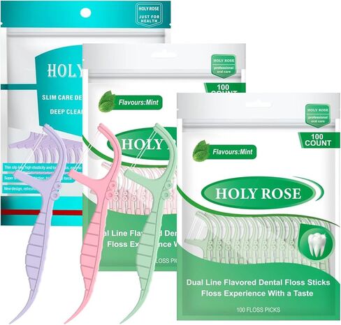 مجموعة من 300 قطعة من خيط تنظيف الأسنان من هولي روز، أعواد تنظيف الأسنان ذات الخط المزدوج، خيط تنظيف الأسنان بالنعناع، ​​كيس واحد 100 قطعة، مجموعة من 3 ألوان أكثر ملاءمة لتنظيف الأسنان in Kuwait