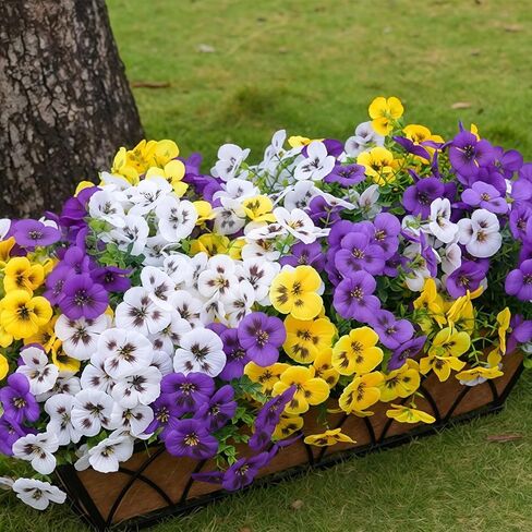 18 Bundles Artificial Flowers for Outdoor, UV Resistant Fake Pansy Flowers, Silk Faux Fowers for Outdoor Planters Home Garden Office Patio Front (Yellow/Purple/White) in Saudi Arabia