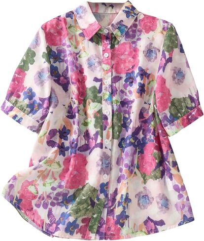 Verdusa Women's Boho Floral Button Down Blouse Dressy Casual Tops Vacation Collared Shirts in Saudi Arabia