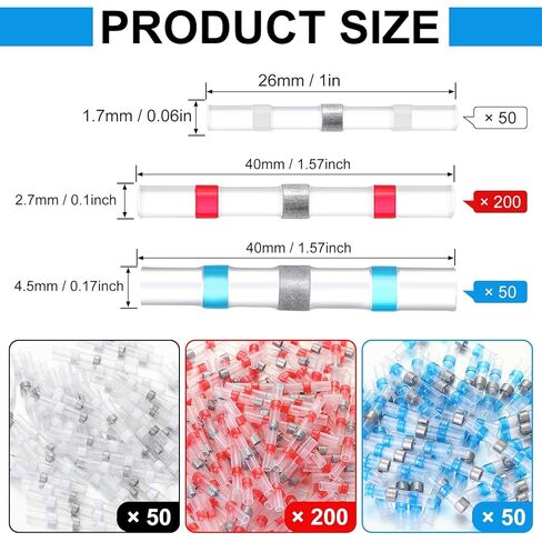 Hotop 300 Pcs Butt Splice Red Blue White, 22-18, 16-14, 26-24 Awg Solder Seal Wire Connectors Heat Shrink Waterproof Insulated Electrical Wire Terminal Automotive Marine Electrical Boat Trailer in Saudi Arabia
