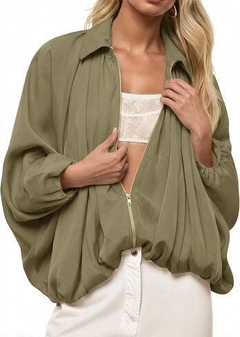 Tankaneo Womens Bomber Jackets Oversized Batwing Sleeve Zip Up Puffed Jacket Lapel Collar Pleated Outerwear in Saudi Arabia